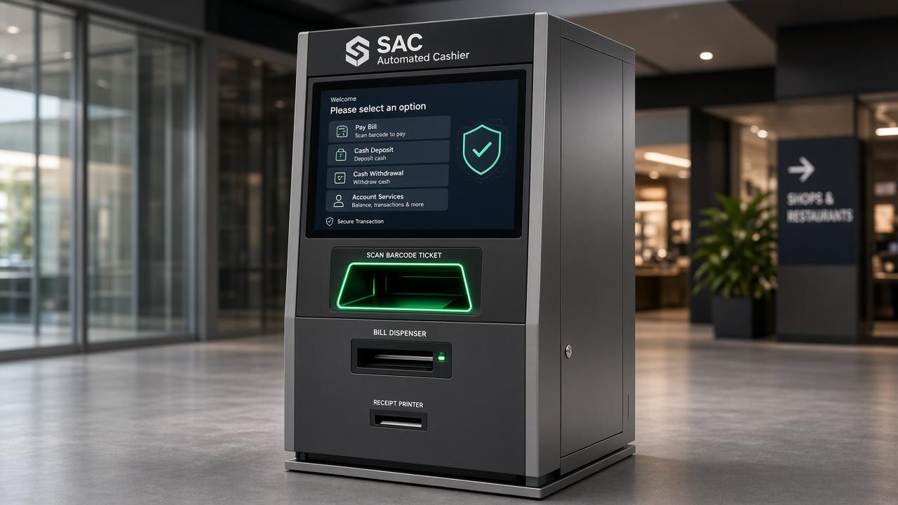SAC Automated Cashier kiosk with dark mode touchscreen UI, barcode scanner, and cash dispenser