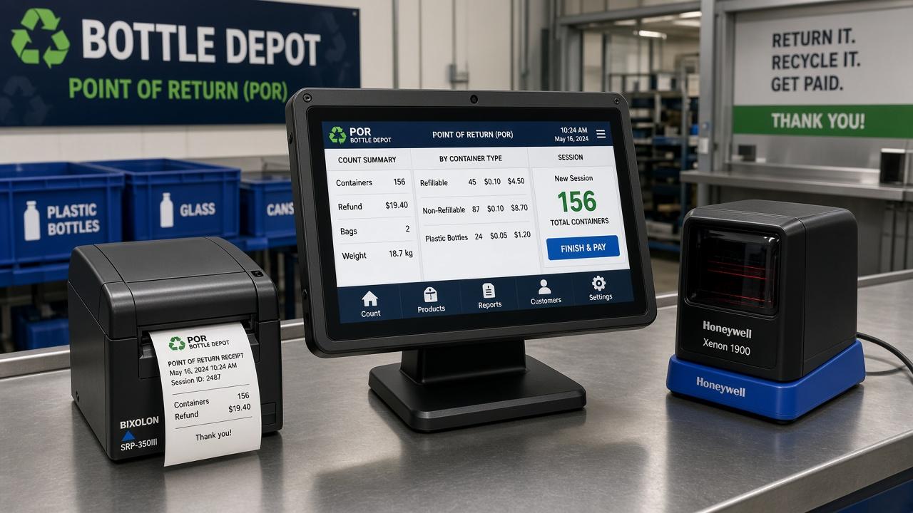 Solum Point of Return (POR) touchscreen terminal, Bixolon printer, and scanner on bottle depot counter